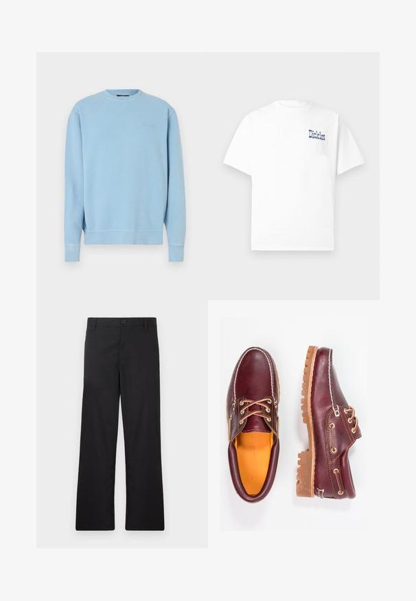 Sweatshirt bleu clair à col rond en coton. Présente des poignets et un ourlet côtelés, avec un petit logo brodé sur la poitrine. Texture lisse.; T-shirt blanc à manches courtes avec col rond, présentant le texte bleu "Dickies" sur le côté gauche de la poitrine. Confectionné en coton doux, design simple.; Pantalon noir à coupe droite, fabriqué en tissu lisse. Doté d'une fermeture à boutons sur le devant et sans motifs ni accents visibles.; Chaussures en cuir bourgogne avec semelles en caoutchouc marron, bout rond, couture blanche et œillets dorés. L'intérieur présente une doublure jaune.