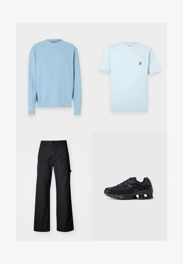 Sweatshirt bleu clair à col rond en coton. Présente des poignets et un ourlet côtelés, avec un petit logo brodé sur la poitrine. Texture lisse.; T-shirt bleu clair à manches courtes et col rond avec une poche poitrine ornée d'un petit patch logo Carhartt brun et orange.; Pantalons larges noirs en tissu durable. Fermeture à bouton et poches latérales. Texture lisse avec un design épuré.; Chaussure de sport noire avec une tige en mesh, un col rembourré et une technologie d'amorti proéminente au talon. Caractérisée par des accents texturés et des lacets.