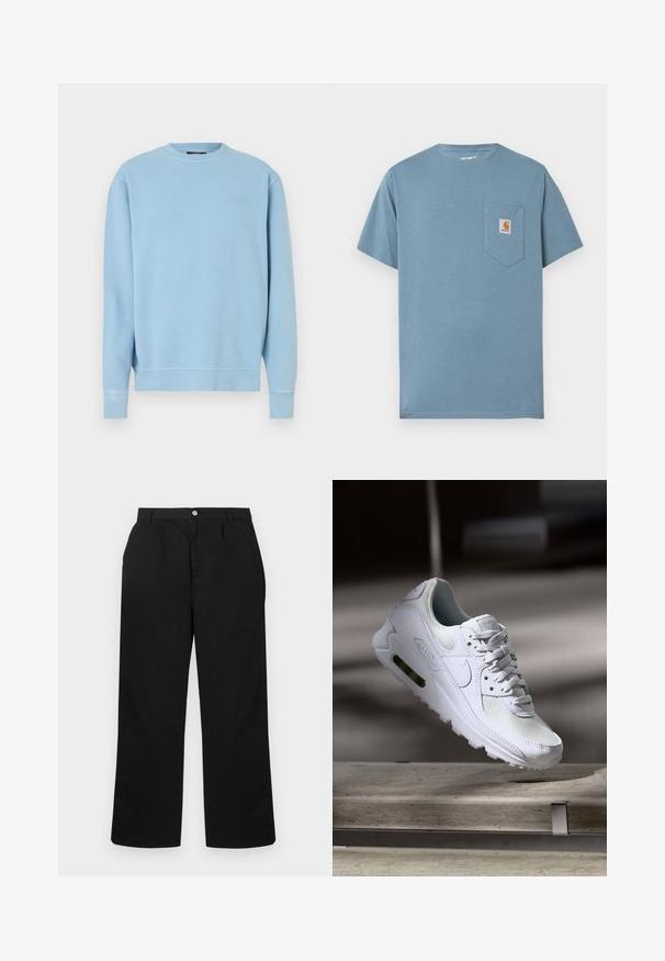 Sweatshirt bleu clair à col rond en coton. Présente des poignets et un ourlet côtelés, avec un petit logo brodé sur la poitrine. Texture lisse.; T-shirt en coton bleu clair avec col rond, manches courtes et une poche sur la poitrine gauche arborant une étiquette carrée du logo Carhartt.; Pantalon noir taille haute à jambe droite avec passants pour ceinture, bouton à l'avant, fermeture éclair et plis subtils près de la ceinture.; Sneaker Nike Air Max 90 blanche avec une tige en mesh et cuir, une boîte à orteils perforée et une unité air visible au talon.