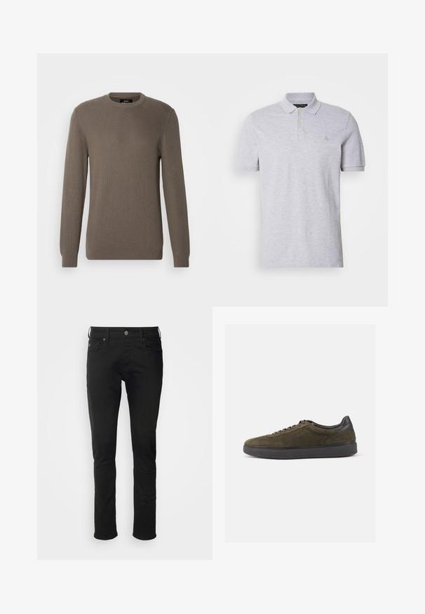 Pull en maille côtelée marron avec un col rond, des manches longues et un tissu texturé. Design simple sans motifs supplémentaires ni matériel.; Polo shirt gris à manches courtes avec un col classique, doté de deux boutons dorés et d'un petit logo brodé sur la poitrine. Tissu en coton lisse.; Jean en coton noir avec une coupe droite, doté d'une fermeture à bouton à l'avant, de passants de ceinture et de poches standard avec une texture lisse.; Baskets en daim vert olive avec des accents et des lacets en cuir noir, présentant une surface texturée et une épaisse semelle en caoutchouc noir.