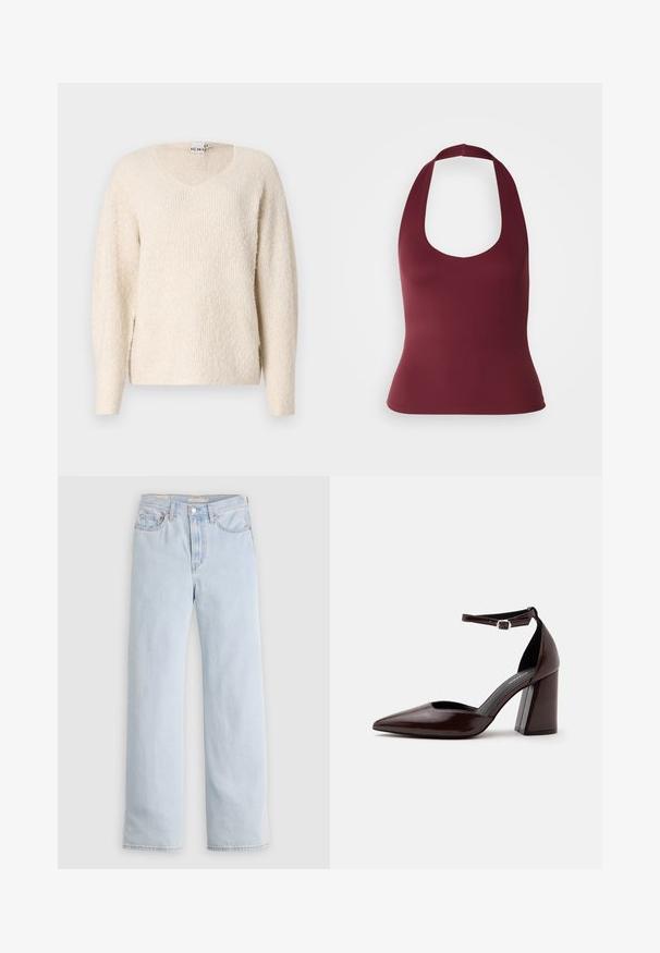 Suéter color beige claro en una tela suave y texturizada. Presenta un escote en V, mangas largas y aberturas laterales para mayor comodidad. Diseño simple y minimalista.; Top halter burdeos con escote en forma de barco, hecho de tela suave, que presenta un silueta ajustada y tirantes anchos en la parte posterior.; Vaqueros de mezclilla azul claro de talle alto y pierna recta con cierre de botones y bolsillos delanteros, mostrados sobre un fondo liso.; Zapato de tacón alto de cuero marrón oscuro con punta puntiaguda, correa en el tobillo y hebilla plateada sobre fondo blanco.