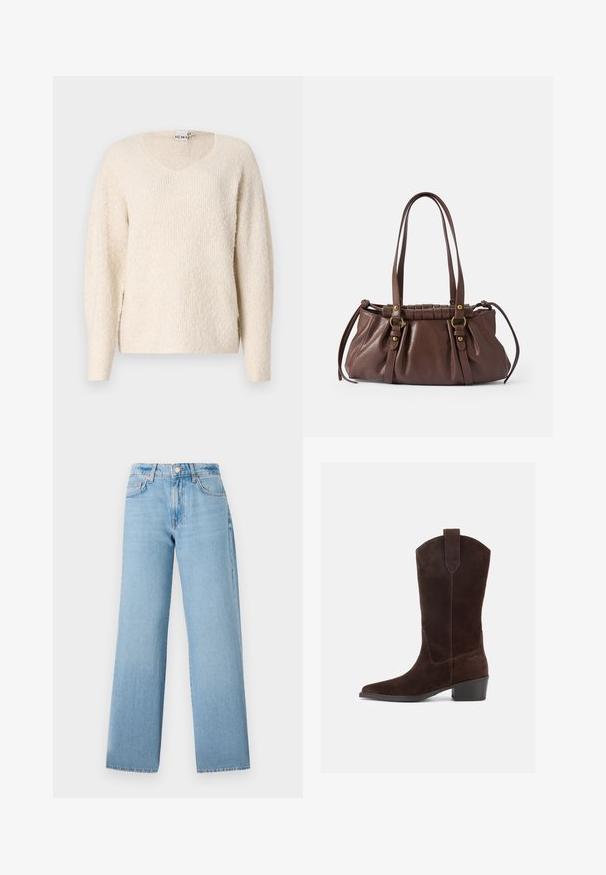 Suéter color beige claro en una tela suave y texturizada. Presenta un escote en V, mangas largas y aberturas laterales para mayor comodidad. Diseño simple y minimalista.; Jeans de pernera ancha de color azul claro, confeccionados en denim, con una cintura alta, diseño de cinco bolsillos y cierre de botón con cremallera.; Bota de estilo occidental de ante marrón oscuro hasta media pantorrilla, con puntera puntiaguda, tacón bloque y lengüeta en un fondo blanco.; Bolso de cuero marrón con dos asas largas, diseño acanalado, acentos de hardware en tono dorado y un acabado texturizado.