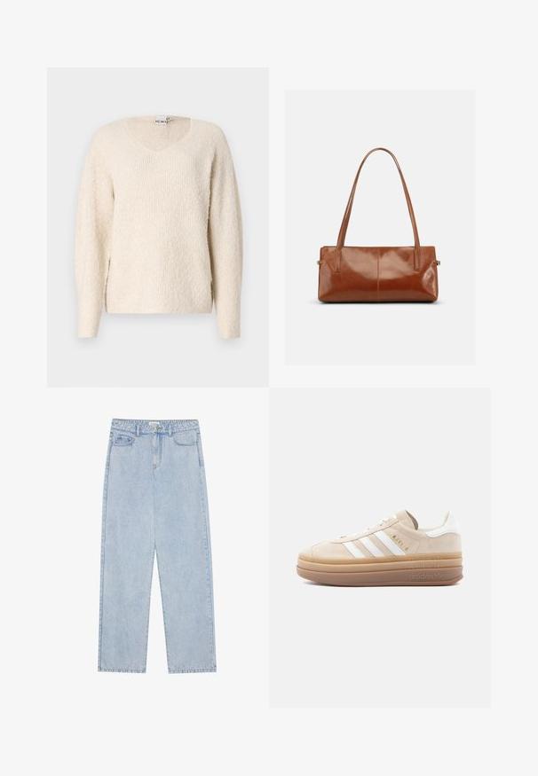 Suéter color beige claro en una tela suave y texturizada. Presenta un escote en V, mangas largas y aberturas laterales para mayor comodidad. Diseño simple y minimalista.; Jeans de mezclilla de cintura alta en azul claro, con corte recto, cinco bolsillos y costuras visibles. El material tiene una textura de lavado clásico.; Zapatilla de ante beige con detalles en cuero blanco, que cuenta con tres franjas blancas, un logo dorado y una suela gruesa de goma translúcida.; Bolso rectangular de cuero marrón con dos correas largas para el hombro, acabado brillante y liso, y un diseño minimalista sobre un fondo liso.