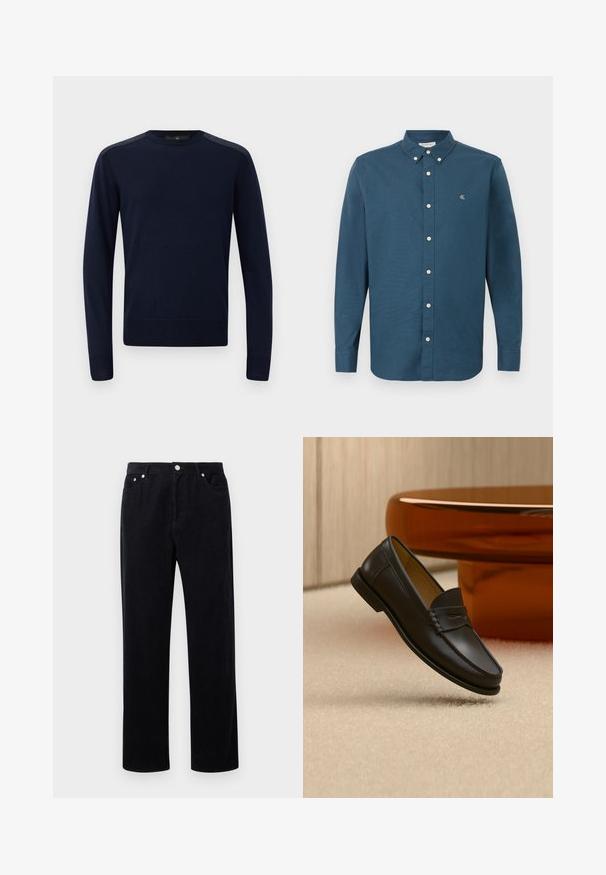 Navyblauwe gebreide trui met lange mouwen, ronde hals en geribbelde manchetten. Voorzien van textuuraccenten op de schouders en een aansluitende pasvorm.; Donkerblauw shirt met lange mouwen van katoen, met een button-down kraag, voorzien van witte knopen en een klein geborduurd logo op de borst.; Zwarte corduroy broek met een recht model, voorzien van een knoop- en rits sluiting, vijf zakken en een zachte, gestructureerde stof.; Zwarte leren loaferschoen zwevend boven een beige tapijt met amberkleurige moderne meubels op de achtergrond.