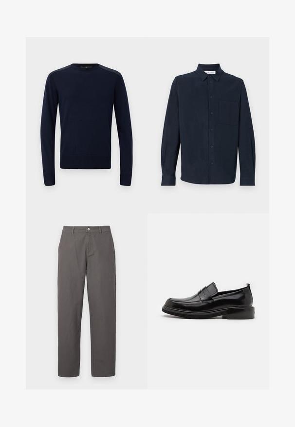 Dunkelblauer Strickpullover mit langen Ärmeln, rundem Hals und gerippten Bündchen. Verfügt über strukturierte Schulterakzente und eine taillierte Silhouette.; Navy-blaues Langarmhemd aus weichem Stoff, mit durchgehender Knopfleiste, spitzem Kragen und einer einzelnen Brusttasche.; Graue Baumwollhose mit geradem Bein, ausgestattet mit einem frontalen Knopf, Reißverschluss und seitlichen Taschen. Glatte Textur, ohne Muster.; Calvin Klein MOCCASIN - Business-Slipper - black