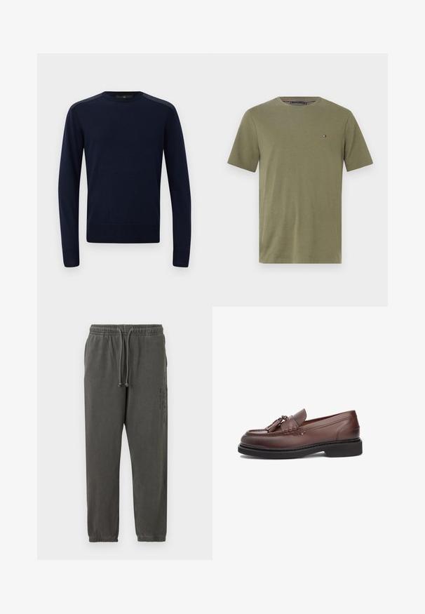 Navyblauwe gebreide trui met lange mouwen, ronde hals en geribbelde manchetten. Voorzien van textuuraccenten op de schouders en een aansluitende pasvorm.; Olijfgroene katoenen t-shirt met een crewneck, korte mouwen en een klein logo accent op de linker borst. Gladde textuur, normale pasvorm.; Donkergrijze katoenen sweatpants met elastische tailleband, trekkoord, zijzakken en een subtiele verticale grafiek op de rechterdij.; Bruine leren loafers met een gladde textuur, voorzien van kwastaccenten en gestikte details op een zwarte rubberen zool. Klassiek ontwerp.