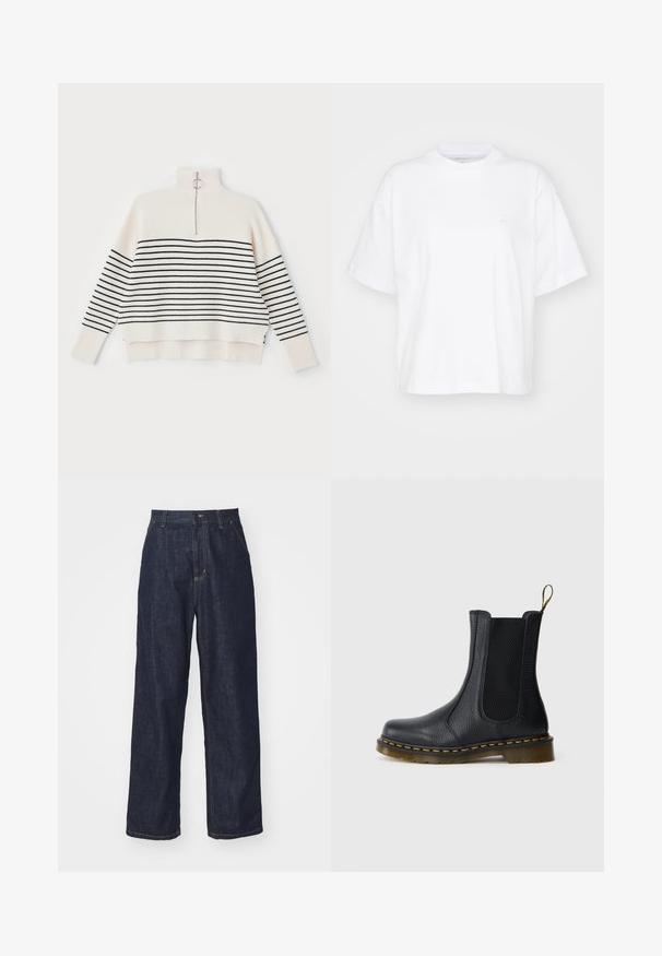 Pull blanc à côtes avec un col montant, orné de rayures horizontales noires et d'une demi-fermeture éclair au col. Fini avec une coupe décontractée.; T-shirt en coton blanc avec un col rond, des manches courtes et une coupe décontractée. Présente un logo discret sur la zone gauche de la poitrine. Texture lisse.; Jeans en denim droit bleu foncé avec passants de ceinture, bouton avant et poches latérales sur fond blanc.; Bottine Chelsea en cuir noir avec panneaux elastiques sur les côtés, finition texturée, coutures jaunes et une semelle en caoutchouc durable, légèrement transparente.
