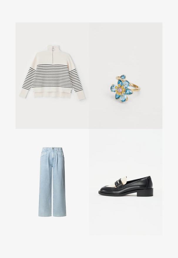 Witte geribde trui met een hoge hals, voorzien van zwarte horizontale strepen en een halve rits bij de kraag. Afgerond met een ontspannen pasvorm.; Lichtblauwe wide-leg jeans van denim. Beschikt over een hoge taille, twee voorzakken en een sluiting met één knoop. Eenvoudig ontwerp zonder patronen.; Zwarte leren loafer met een contrasterende crèmekleurige vamp, voorzien van twee decoratieve banden met gouden hardware en een ontwerp met blokhak.; Gouden bloemenring met blauwe en roze edelstenen, met vijf bloemblaadjes en centrale stenen; gladde band en gepolijste afwerking.