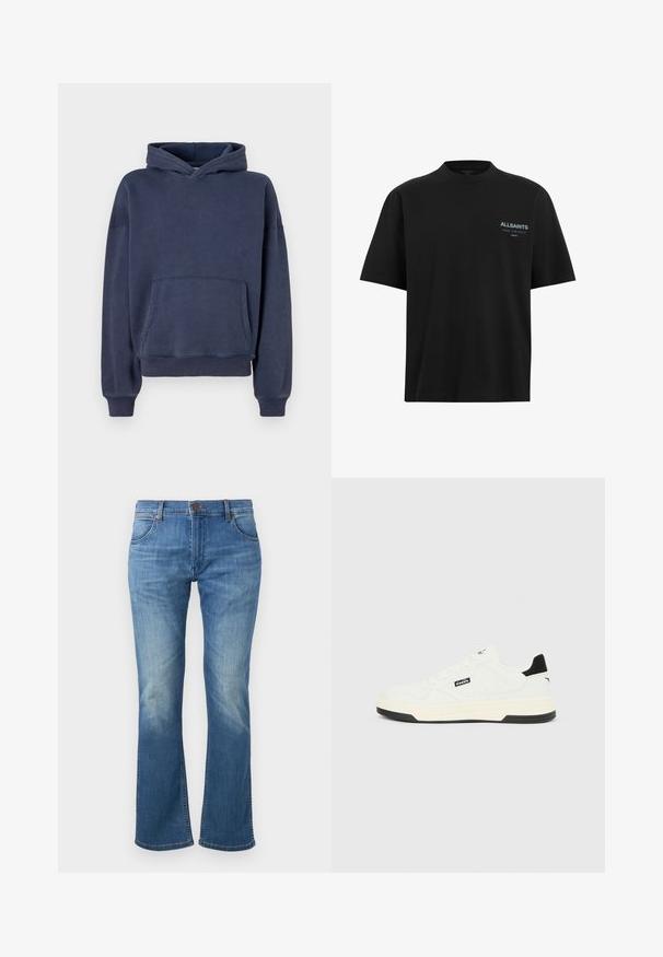 Marineblauwe hoodie met een voorzak en geribde manchetten, weergegeven tegen een eenvoudige witte achtergrond.; Zwart katoenen T-shirt met een ronde halslijn en korte mouwen. Bevat een klein 'ALLSAINTS' logo in lichtblauw op de linker borst.; Blauwe denim jeans met een licht uitlopende pijp, knoop- en ritssluiting aan de voorkant, en vervaagde plekken op dijen en knieën.; Witte lage sneaker met zwarte hielstuk, zwart logo aan de zijkant en zwarte accenten op de zool, zijaanzicht op een effen achtergrond.