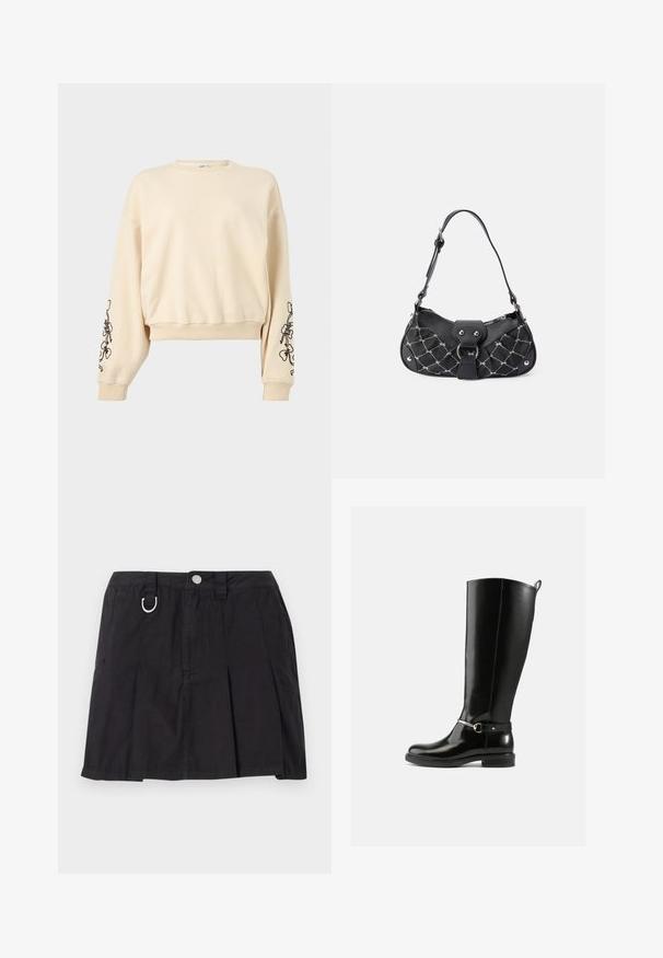 Sweat-shirt beige à col rond avec de longues manches ballon, broderie florale noire sur les deux avant-bras, poignets et ceinture côtelés.; Jupe plissée noire en coton, avec une fermeture à boutons sur le devant, des passants de ceinture et un accent en D-ring sur la taille.; Bottes noires montantes en cuir verni, avec un détail de boucle argentée à la cheville et une conception à bout arrondi. Semelle plate.; Sac à main noir avec texture matelassée, doté de quincaillerie en argent, d'une forme incurvée et d'une seule bandoulière réglable. Fermeture zippée sur le dessus.