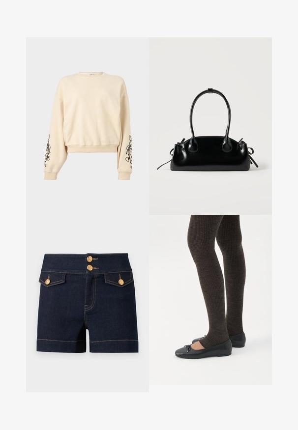 Sweat-shirt beige à col rond avec de longues manches ballon, broderie florale noire sur les deux avant-bras, poignets et ceinture côtelés.; Short en jean denim bleu foncé taille haute, avec deux poches à rabat à l'avant et des boutons décoratifs dorés sur la ceinture et les poches.; Jambes portant des leggings côtelés foncés associés à des ballerines noires avec de petits détails en nœud sur fond blanc.; Petit sac à main noir brillant avec deux longues anses et des détails à cordon sur les côtés sur un fond clair uni.