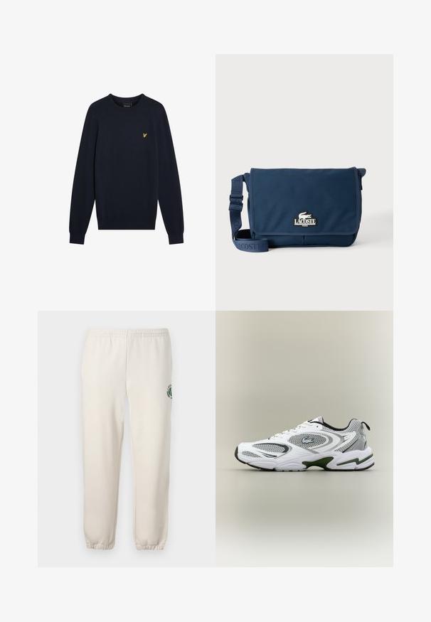 Pull en tricot bleu marine avec col rond, manches longues et un petit emblème d'aigle jaune sur la poitrine. Texture lisse, poignets ajustés.; Pantalon de jogging beige clair en coton, doté d'une taille élastique, de poignets en côtes et d'un logo vert avec un design de feuille sur la jambe gauche.; Baskets de course blanches et grises avec des panneaux en mesh, accents verts, détails noirs et un logo sur le côté, présentées par l'extérieur.; Sac messager Lacoste bleu marine avec bandoulière réglable et écusson logo sur le rabat avant, sur un fond clair uni.