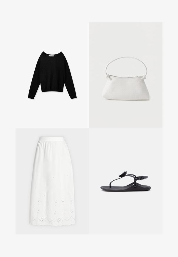 Jersey negro de punto con manga larga, cuello redondo y puños ajustados, mostrado sobre un fondo blanco.; Falda larga blanca con cintura elástica, bordado de ojales cerca del dobladillo festoneado y patrones sutiles de flores recortadas.; Sandalia negra plana con tira entre los dedos, correa en el tobillo con hebilla y detalle en forma de mariposa en la tira en T, mostrada de perfil lateral.; Bolso de mano de cuero blanco tejido con asa redondeada y extremos de la correa anudados, exhibido sobre un fondo liso.