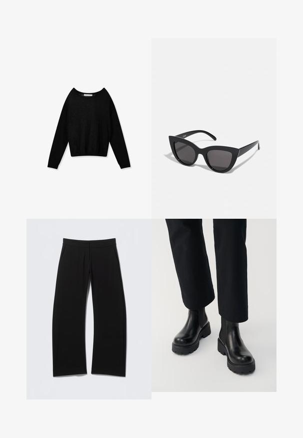 Jersey negro de punto con manga larga, cuello redondo y puños ajustados, mostrado sobre un fondo blanco.; Pantalones negros de pierna ancha con una textura suave, que cuentan con dos bolsillos frontales y una cintura elástica para mayor comodidad.; Persona que lleva botas de tacón grueso de cuero negro combinadas con pantalones negros de pierna recta sobre un fondo blanco.; Gafas de sol negras en forma de ojo de gato con un acabado mate, que presentan lentes ahumados grises, ángulos pronunciados y brazos laterales elegantes. Nombre de la marca visible en el interior del brazo.