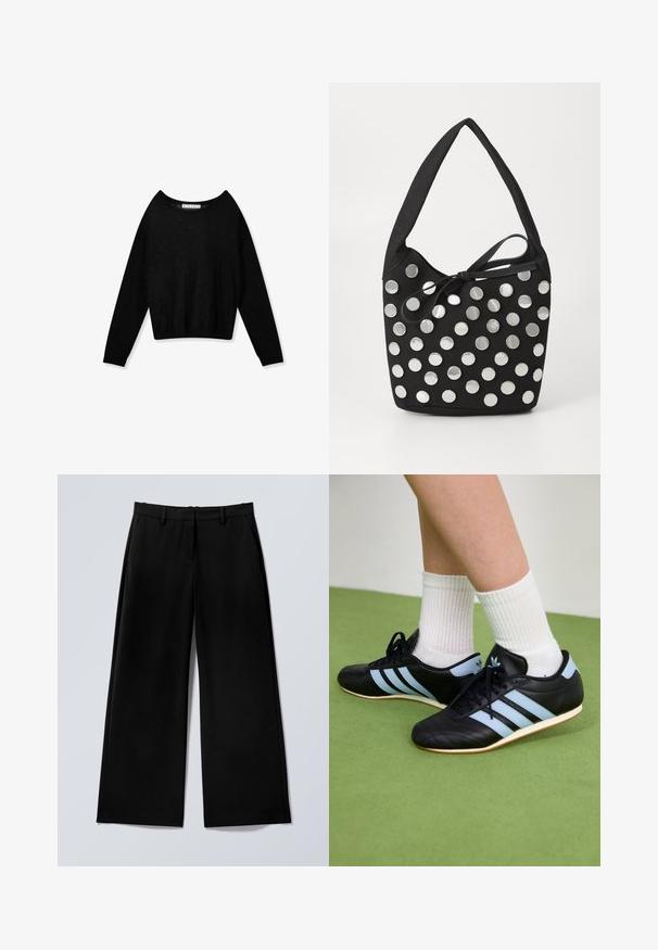 Jersey negro de punto con manga larga, cuello redondo y puños ajustados, mostrado sobre un fondo blanco.; Pantalones negros de pierna ancha con trabillas para cinturón y bolsillos laterales, mostrados planos sobre un fondo gris claro.; Zapatillas deportivas de cuero negro con rayas azul claro, parte superior texturizada y suelas de goma, combinadas con calcetines de rayas blancas sobre un suelo verde.; Bolso de tela negro con forma redondeada, adornado con tachuelas metálicas circulares plateadas dispuestas en un patrón, y un detalle de tela atado.