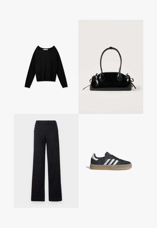 Jersey negro de punto con manga larga, cuello redondo y puños ajustados, mostrado sobre un fondo blanco.; Pantalones de pierna ancha negros con cintura alta, detalles de botones en los laterales y una textura de denim suave con un acabado limpio.; Zapatilla deportiva de cuero negro con tres rayas plateadas, punta texturizada y suela de goma. Cuenta con un collar acolchado y un diseño con cordones.; Pequeño bolso negro brillante con dos asas largas y detalles de cordón lateral sobre un fondo claro liso.