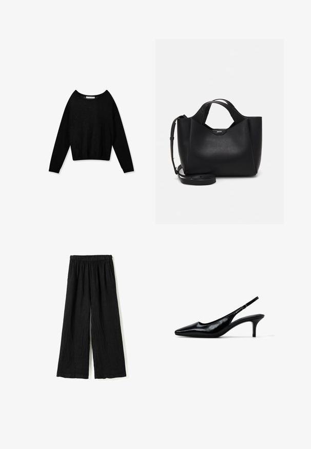 Jersey negro de punto con manga larga, cuello redondo y puños ajustados, mostrado sobre un fondo blanco.; Pantalones negros de pierna ancha con cinturilla elástica y bolsillos laterales, hechos de tela ligera y texturizada.; Zapato de salón con tira trasera de charol negro, puntera puntiaguda y tacón bajo tipo kitten, con una pequeña correa ajustable con hebilla.; Bolso de mano de cuero negro con acabado texturizado, forma angular, dobles asas y una correa de hombro ajustable. Presenta un acento del logo de DKNY.