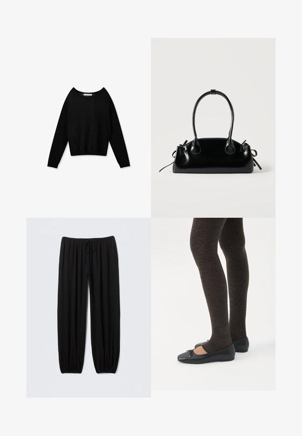 Jersey negro de punto con manga larga, cuello redondo y puños ajustados, mostrado sobre un fondo blanco.; Pantalones negros de corte holgado hechos de tela suave; cuentan con una cintura elástica con cordón ajustable, tobillos estrechos y sin estampados.; Piernas con leggings oscuros acanalados combinados con bailarinas negras que presentan pequeños detalles de lazo sobre un fondo blanco.; Pequeño bolso negro brillante con dos asas largas y detalles de cordón lateral sobre un fondo claro liso.