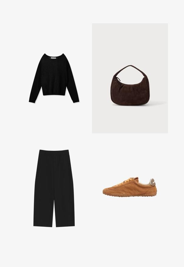 Jersey negro de punto con manga larga, cuello redondo y puños ajustados, mostrado sobre un fondo blanco.; Pantalones negros de pierna ancha y corte corto con bolsillos frontales y trabillas para cinturón, exhibidos sobre un fondo blanco.; Zapatillas de ante marrón con puntera redondeada, suela de goma plana y cordones naranjas. Los acentos laterales incluyen líneas cosidas y una pestaña en el talón gris.; Bolso de ante marrón oscuro con una correa corta y forma rectangular redondeada sobre un fondo liso y claro.