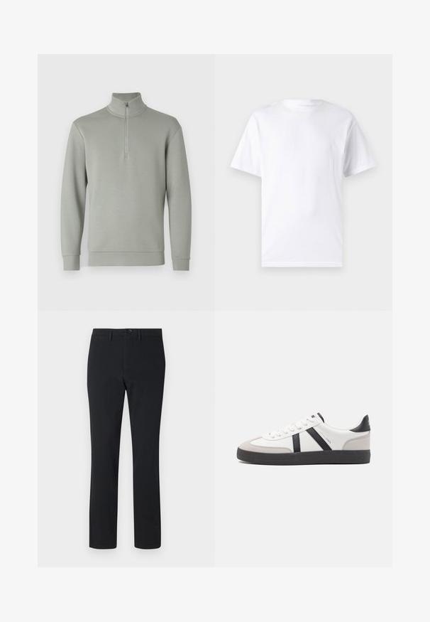 Sudadera gris claro con cuello alto y media cremallera. Tejido suave, mangas largas y dobladillo recto. Sin patrones ni acentos adicionales.; Camiseta blanca de manga corta hecha de algodón con cuello redondo, que presenta una textura suave y un diseño simple sin patrones ni acentos.; Pantalones rectos negros, hechos de tejido suave. Cuentan con un cierre frontal de botón, pasadores para cinturón y dos bolsillos laterales.; Zapatilla blanca con acentos en negro y gris, que presenta una puntera texturizada en gris, suela de goma negra y cordones planos blancos. Diseño limpio, estilo minimalista.