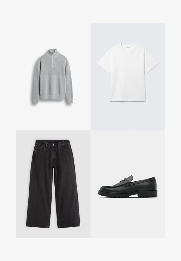 Lysegrå striktrøje med lange ærmer og en kort lynlås på den høje krave, vist mod en ensfarvet baggrund.; Hvid kortærmet crewneck T-shirt lagt fladt ud, ensfarvet design, med "WEEKDAY" mærkat inde i kraven på en lys baggrund.; Sorte denim jeans med vide ben, forlommer, bæltestropper og knaplukning, vist på en ensfarvet lys baggrund.; Sorte læder loafers med rund tå, der har et syet design, lav platformssål og en struktureret, skridsikker gummisål.