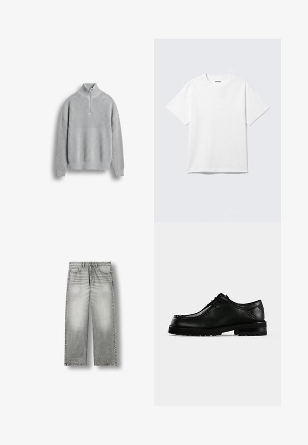 Lichtgrijze gebreide trui met lange mouwen en een korte rits op de hoge kraag, afgebeeld tegen een egale achtergrond.; Witte T-shirt met korte mouwen en ronde hals, plat gelegd, effen ontwerp, met een "WEEKDAY" label in de kraag op een lichte achtergrond.; Grijs verbleekte rechte spijkerbroek met voorzakken, riemlussen en een knoopsluiting op een witte achtergrond.; Zwarte leren veterschoen met dikke rubberen zool en moc toe- stiksel, weergegeven vanaf de linkerkant op een effen lichte achtergrond.