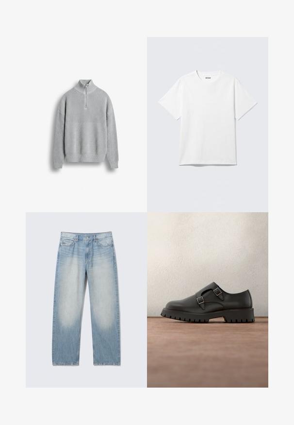 Lichtgrijze gebreide trui met lange mouwen en een korte rits op de hoge kraag, afgebeeld tegen een egale achtergrond.; Witte T-shirt met korte mouwen en ronde hals, plat gelegd, effen ontwerp, met een "WEEKDAY" label in de kraag op een lichte achtergrond.; Lichtblauwe straight-leg spijkerbroek met vervaagde voorkant van de bovenbenen, vijfzakkenstijl, knoopsluiting en riemlussen.; Zwarte leren schoen met dubbele gespsluitingen, ronde neus en een stevige, gestructureerde rubberen zool. Minimalistisch ontwerp met een contrasterende blauwe binnenkant.