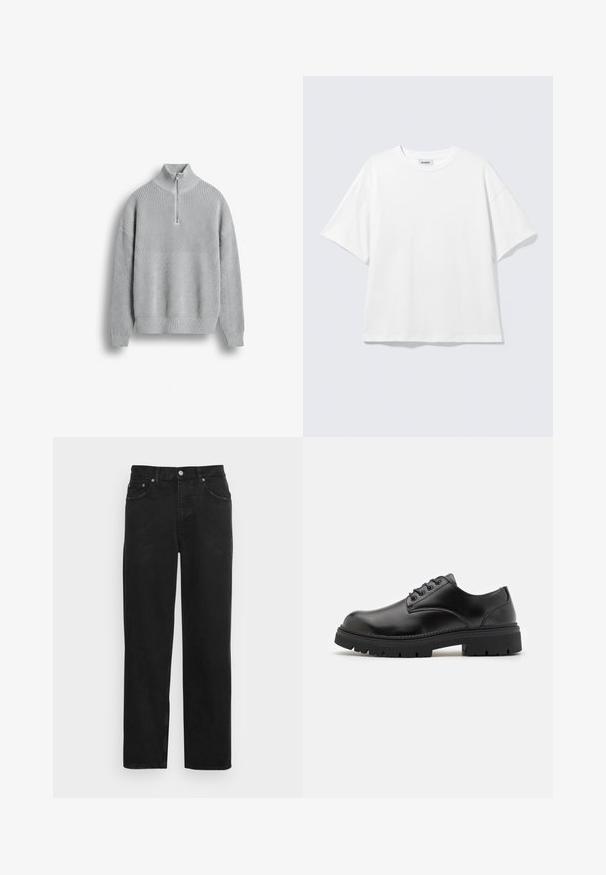 Lichtgrijze gebreide trui met lange mouwen en een korte rits op de hoge kraag, afgebeeld tegen een egale achtergrond.; Witte oversized T-shirt met korte mouwen, ronde hals en verlaagde schouders, plat op een lichtgrijze achtergrond.; Zwarte denim spijkerbroek met een ontwerp met rechte pijpen, vijf zakken en een metalen knoopsluiting met een subtiele textuur. Geen zichtbare patronen of accenten.; Zwarte leren schoenen met een ronde neus, vetersluiting en een dikke, gestructureerde rubberen zool. Kenmerken zijn stiksels langs de rand en een gladde afwerking.