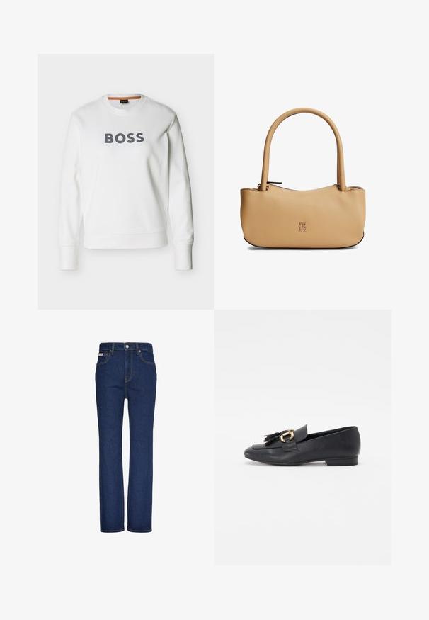 Sweatshirt blanc à manches longues et col rond avec l'inscription « BOSS » en grosses lettres grises centrée sur la poitrine.; Jean droit bleu foncé avec bouton et fermeture éclair à l'avant, design à cinq poches et détails de coutures visibles.; Mocassins en cuir noir avec un bout pointu, présentant un accent en matériel doré et des franges à l'avant, un petit talon et une texture lisse.; Sac à main en cuir beige avec des poignées arrondies, un petit logo doré centré à l'avant, et une fermeture éclair sur le dessus.