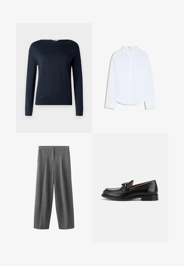Pull en tricot bleu marine à manches longues et col rond, avec des poignets et un ourlet côtelés, présenté sur un fond blanc uni.; Chemise blanche à manches longues avec boutons, col et poignets, ourlet légèrement arrondi, présentée sur un fond blanc uni.; Pantalon gris à jambes larges avec plis à l'avant, poches latérales et taille haute, confectionné dans un tissu à texture lisse.; Mocassin en cuir noir avec un petit talon, un bout arrondi et un détail de boucle métallique décorative à l'avant.