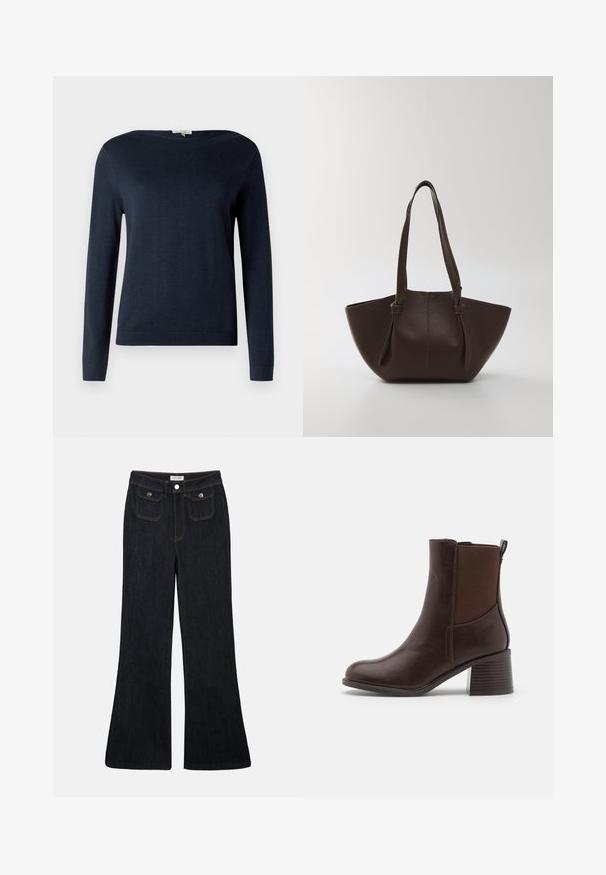 Navyblå langærmet sweater med rund hals og ribbede manchetter og kant, vist mod en simpel hvid baggrund.; Sorte denim jeans med høj talje, flared ben, to frontlommer og orange syninger. Materialet ser solidt og glat ud.; Brun læder ankelstøvle med elastiske sidepaneler, rund tå og blokhæl. Glat finish med en tekstureret detalje på hælen.; Brun læder tote taske med en tekstureret overflade, bred åbning og dobbelt, runde skulderremme; minimalistisk design uden synligt hardware.