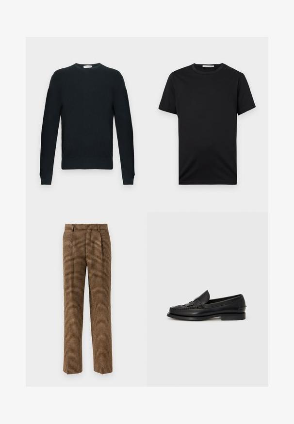 Knitted black sweater with a round crew neckline, long sleeves, and a textured pattern. Features ribbed hem and cuffs.; Black short-sleeve crew neck T-shirt with plain design, labeled "Tiger of Sweden" inside the collar.; Brown checkered trousers with a loose fit, featuring pleats at the front, a smooth textured fabric, and a straight leg design.; Black leather loafer with a woven detail across the front, rounded toe, and a low heel. Smooth texture and minimalist design.