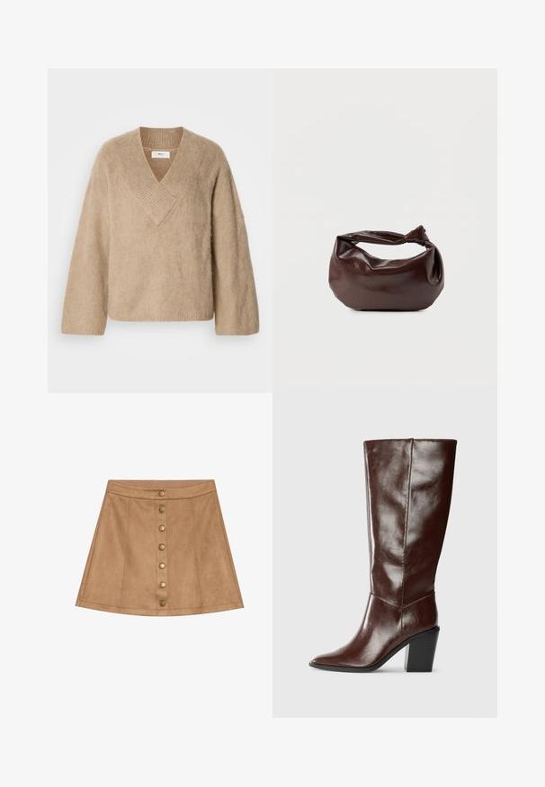 Pull en tricot beige duveteux avec un large col en V et des manches longues, présenté sur un fond blanc.; Mini-jupe en daim beige avec un design évasé, dotée d'une fermeture à bouton à l'avant avec des accessoires en laiton et des détails brodés.; Botte haute en cuir marron foncé avec un bout pointu et un talon empilé, présentée de côté sur un fond uni.; Sac bandoulière en cuir marron foncé avec une forme souple et décontractée et une anse nouée torsadée sur un fond blanc uni.
