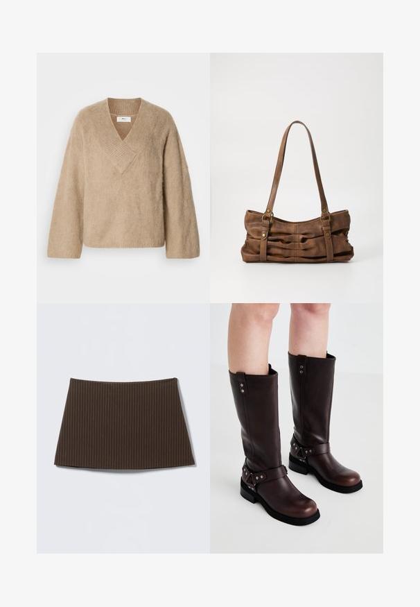Suéter de punto beige esponjoso con cuello en V amplio y mangas largas, exhibido sobre un fondo blanco.; Falda marrón con rayas finas, diseño ajustado, textura suave y dobladillo acampanado, ideal para un look entallado.; Botas de cuero marrón hasta la rodilla con una textura suave, que cuentan con una correa ancha y detalles de hardware triangulares, suelas de goma planas.; Even&Odd by Zalando Bolso de mano - brown