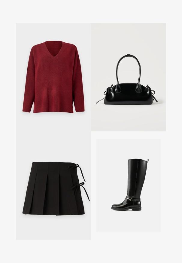 Pull-over v neck rouge à manches longues, fabriqué en tissu texturé doux, offrant une coupe décontractée et des fentes sur les côtés à l'ourlet.; Jupe plissée noire avec des liens sur les côtés, fabriquée dans un tissu à la texture lisse ; elle présente un design structuré et des lignes épurées.; Bottes noires montantes en cuir verni, avec un détail de boucle argentée à la cheville et une conception à bout arrondi. Semelle plate.; Petit sac à main noir brillant avec deux longues anses et des détails à cordon sur les côtés sur un fond clair uni.