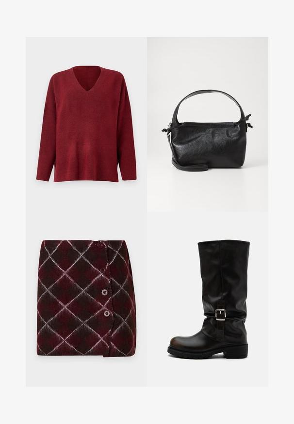 Pull-over v neck rouge à manches longues, fabriqué en tissu texturé doux, offrant une coupe décontractée et des fentes sur les côtés à l'ourlet.; Jupe tricotée bordeaux et brun foncé avec motif en losange, comprenant des accents blancs et trois boutons sur le côté pour la fermeture.; Botte haute en cuir noir avec bout arrondi, talon bas, bride à boucle latérale et tige légèrement relâchée sur fond blanc.; Sac à main en cuir noir au design structuré, avec une poignée arrondie et une bandoulière amovible. Présente une texture lisse et un éclat subtil.