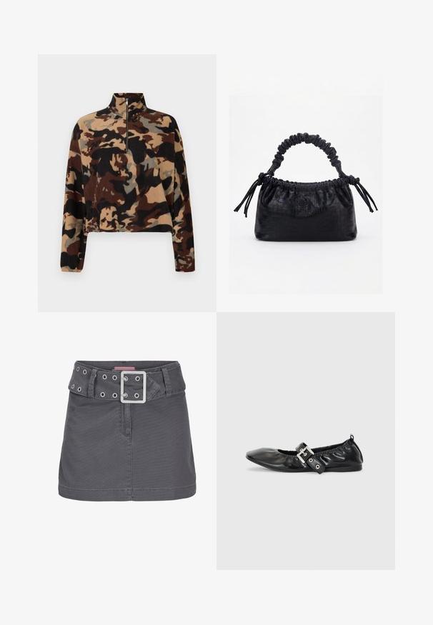 Pull-over en polaire à manches longues avec un motif camouflage brun, noir et beige, doté d'un col zippé mi-hauteur et de poignets élastiques.; Jupe mini en coton gris avec une large ceinture ornée d'œillets en argent et d'une boucle en métal carrée, conçue avec une silhouette épurée et droite.; Chaussure plate en cuir noir avec un nez pointu, des détails froncés autour de l'ouverture et un accent en boucle argentée sur la bride ajustable.; Sac à main noir avec texture crocodile, bord supérieur froncé, poignée plissée et pompons à cordon de chaque côté sur fond blanc.