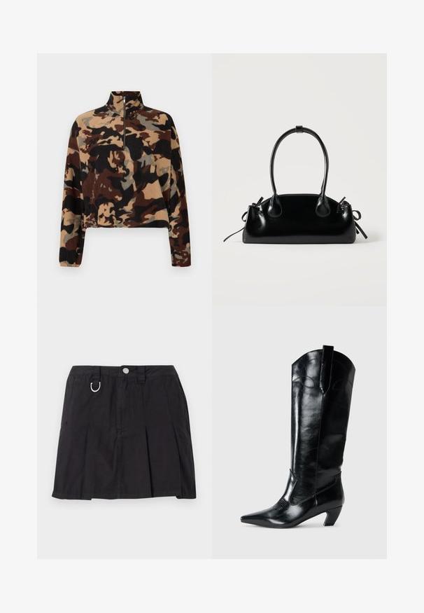 Pull-over en polaire à manches longues avec un motif camouflage brun, noir et beige, doté d'un col zippé mi-hauteur et de poignets élastiques.; Jupe plissée noire en coton, avec une fermeture à boutons sur le devant, des passants de ceinture et un accent en D-ring sur la taille.; Bottes en cuir noir montantes jusqu'au genou, avec une pointe effilée, un talon bas, et des détails de couture décoratifs sur les côtés. Fini lisse et brillant.; Petit sac à main noir brillant avec deux longues anses et des détails à cordon sur les côtés sur un fond clair uni.