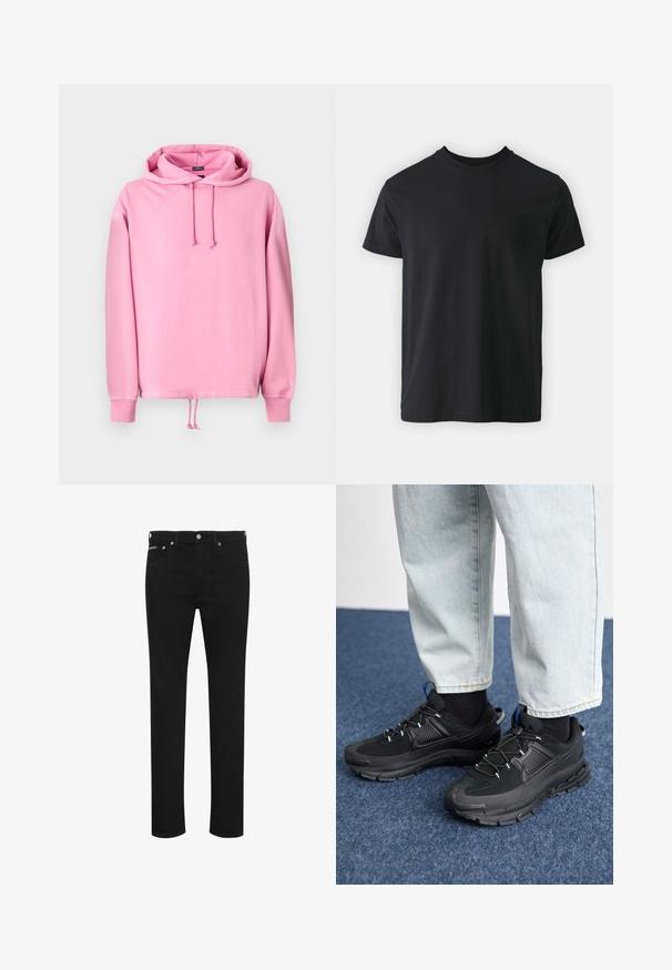Lyserød hættetrøje lavet af blødt stof med snøre i hætten, ribbede kantbånd og en snøre i bunden til justering af pasform. Glat tekstur.; Sort bomulds t-shirt med kortærmer, rund halsudskæring og en afslappet pasform. Glat tekstur og lige kant, ingen synlige grafikker eller mønstre.; Sorte slim-fit jeans med knap foran, bæltestropper og synlige forlommer, vist på hvid baggrund.; Sorte træningssko med tekstureret stof og gummisåler, udstyret med elastiske snørebånd og en blå detalje på hælen. Bæres med lyse denimbukser.