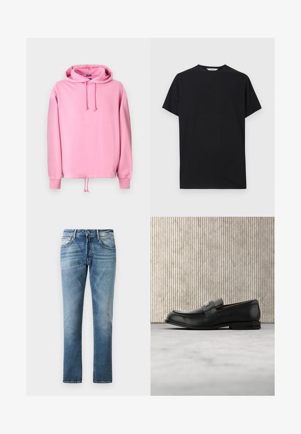 Lyserød hættetrøje lavet af blødt stof med snøre i hætten, ribbede kantbånd og en snøre i bunden til justering af pasform. Glat tekstur.; Sort kortærmet t-shirt lavet af blødt bomuldsstof. Rund halsudskæring med en afslappet pasform, der har rene, enkle linjer og ingen synlige mønstre.; Blå lige ben jeans med falmet detaljering, frontknap og lommer, præsenteret mod en helt hvid baggrund.; Sort læderloafer med metalbrandskilt hvilende nær et brunt rundt bord på beige tæppe.