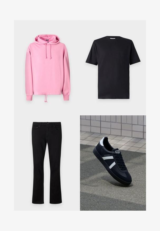 Lyserød hættetrøje lavet af blødt stof med snøre i hætten, ribbede kantbånd og en snøre i bunden til justering af pasform. Glat tekstur.; Sort kortærmet t-shirt i bomuld med rund halsudskæring og klassisk snit, uden mønstre eller synlig branding.; Sorte denim jeans med lige ben-design, fem-lomme stil og subtile syninger. Materialet er blødt med en mat finish.; Sort lædersneaker med hvide striber, tekstureret gummisål og snørrebånd foran. Har et brandet mærke på tungen.