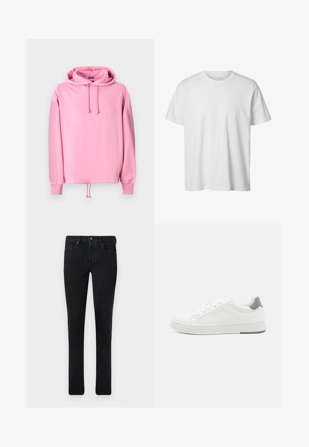 Lyserød hættetrøje lavet af blødt stof med snøre i hætten, ribbede kantbånd og en snøre i bunden til justering af pasform. Glat tekstur.; Enkelt hvid T-shirt med korte ærmer og rund hals, løs pasform og uden synlige logoer eller designs foran.; Mørk denim jeans med slim fit, fem lomme-design og metalknaplukning. Glat tekstur og jævn farve gennem hele stoffet.; Hvid sneaker lavet af glat læder, rund tå, minimalistisk design, grå hælafsats og tekstureret gummisål.