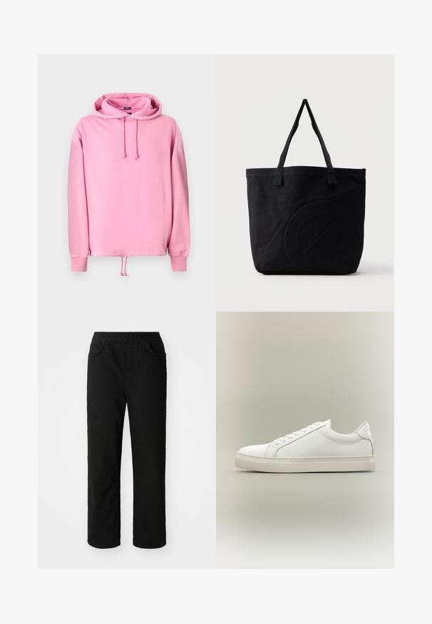 Roze hoodie van zacht materiaal met een trekkoordkapuchon, ribgebreide manchetten en een trekkoord aan de onderkant om de pasvorm aan te passen. Glad textuur.; Zwarte katoenen broeken met een relaxte pasvorm, een elastische tailleband, twee steekzakken en rechte pijpen. Soepele textuur zonder zichtbare patronen.; Witte lage sneaker met veters aan de voorkant en dikke zool, zijaanzicht tegen een neutrale achtergrond.; Zwarte canvas tas met twee schouderbanden en een subtiel, ingebosseleerd cirkelvormig ontwerp aan de voorkant.