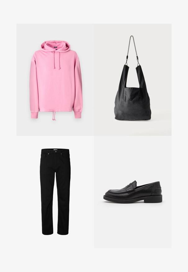 Roze hoodie van zacht materiaal met een trekkoordkapuchon, ribgebreide manchetten en een trekkoord aan de onderkant om de pasvorm aan te passen. Glad textuur.; Zwarte jeans met rechte pijpen, knoop- en ritssluiting, riemlussen en voor- en achterzakken, getoond tegen een effen witte achtergrond.; Zwarte leren loafers met een ronde neus, ton-sur-ton stiksels en een banddetail aan de voorkant. Rubberen zool met een lage hak.; Zwart zachte stoffen draagtas met brede handvatten en een dunne zwart-witte gevlochten schouderriem.