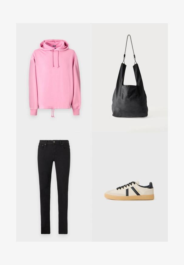 Rosa Kapuzenpullover aus weichem Stoff mit Kordelzugkapuze, gerippten Bündchen und Kordelzug am Saum zur Anpassung der Passform. Glatte Textur.; Schwarze Slim-Fit-Jeans mit fünf Taschen, Knopfverschluss und Gürtelschlaufen, flach auf einem weißen Hintergrund präsentiert.; Legere Sneaker in Creme mit schwarzen Streifen, mit einer strukturierten Oberseite und einer Sohle aus Gummi. Die Schnürsenkel sind schwarz. Diskretes Logo an der Seite.; Schwarze weiche Stofftragetasche mit breiten Griffen und einem dünnen schwarz-weißen geflochtenen Schulterriemen.