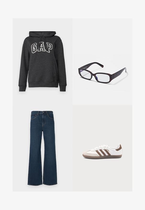 Tumehall sweater pehmest kangast, millel on tasku nagu kenguru, joonimisega kapuuts ja suur valge "GAP" logo ees. ; Tumed pesu, laienevad teksad, mis on valmistatud denimist. Omab viit taskut, nööbi sulgemist ja nähtavat õmblust õmblustel.; Valge Adidas Samba toss pruunide seemisnahast triipude, pruuni kummist tallaga ja beežika seemisnahast varbakattaga, kujutatud välisküljelt ühevärvilise tausta peal.; Pruunist kilpkonnakujulisest raamist valmistatud ristkülikukujulised prillid selgete läätsedega ja peenete käepidemetega, mis näitavad sujuvat tekstuuri ja minimalistlikku disaini.