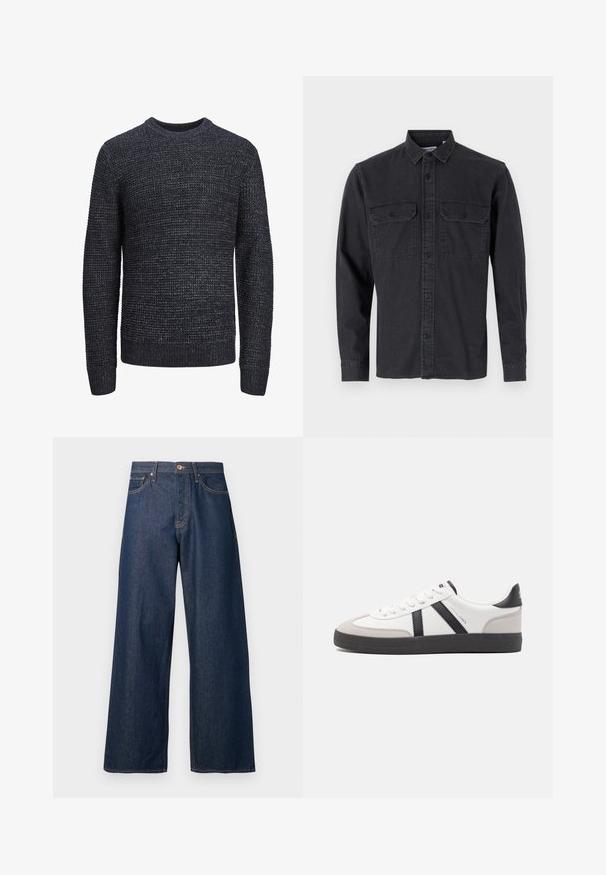 Pull en tricot noir et gris avec des speckles, à manches longues et avec des poignets, un ourlet et un col rond côtelés, présenté sur un fond blanc.; Chemise à manches longues, de couleur gris foncé, à boutons, en mélange de coton, avec deux poches poitrine et col classique.; Jean à jambes larges en denim foncé avec surpiqûres orange, doté de cinq poches, d'une fermeture à boutons sur le devant et d'une silhouette droite.; Baskets blanches avec des accents noirs et gris, présentant un embout texturé gris, une semelle en caoutchouc noir et des lacets plats blancs. Design épuré, style minimaliste.