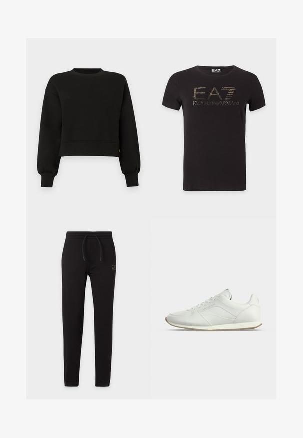 Sweatshirt noir court avec de longues manches ballon, col rond côtelé, poignets et ourlet, présenté sur fond blanc.; T-shirt noir à manches courtes avec logo doré EA7 Emporio Armani centré sur la poitrine sur fond blanc.; Pantalon de survêtement noir slim avec taille élastique et cordon, avec petit logo "EA7 Emporio Armani" sur la cuisse gauche.; Baskets basses en cuir blanc avec laçage sur le devant, détails de couture subtils et semelle en caoutchouc beige sur fond clair uni.
