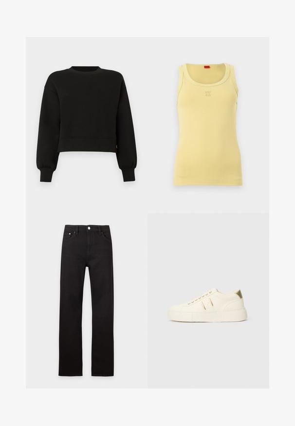 Sweatshirt noir court avec de longues manches ballon, col rond côtelé, poignets et ourlet, présenté sur fond blanc.; Débardeur côtelé jaune sans manches avec encolure dégagée et petit logo embossé "HUGO" centré sur la poitrine.; Jeans noirs à jambes droites avec fermeture par bouton, passants pour ceinture et poches avant, présentés sur un fond clair uni.; Baskets basses de couleur crème avec des accents dorés, des lacets et un marquage « Armani Exchange » en relief sur la semelle et le patch latéral.