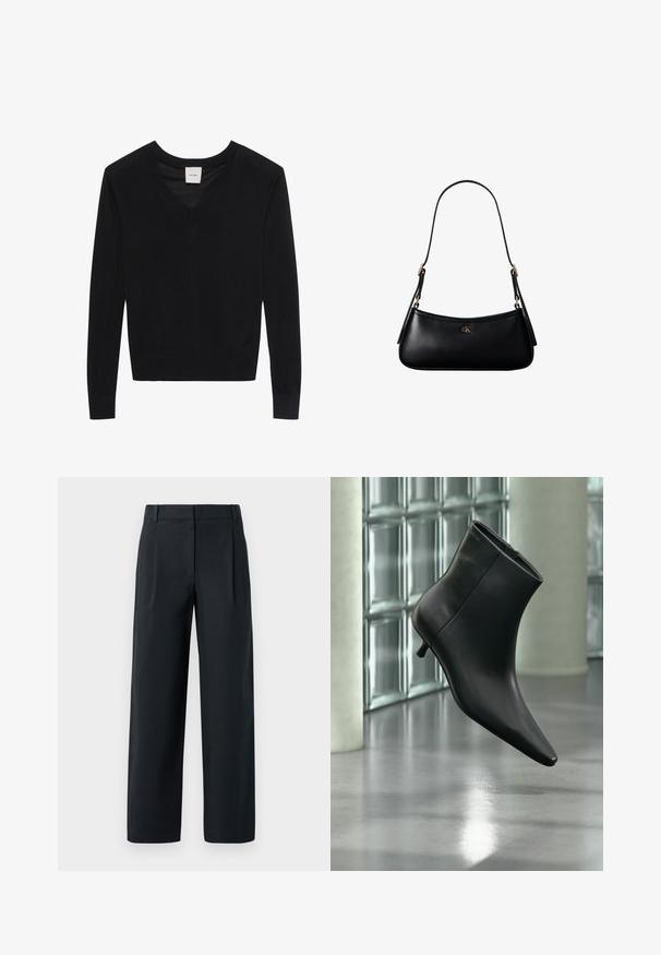 Pull noir à manches longues avec col en V, poignets et ourlet côtelés, étiqueté Calvin Klein au niveau du col.; Pantalon noir ajusté avec une coupe droite, présentant des plis avant, une texture lisse et des passants de ceinture. Pas de poches visibles.; Bottine en cuir noir à bout pointu et petit talon kitten, présentée en angle devant un sol poli et un mur en blocs de verre.; Mini sac à bandoulière en cuir noir avec une fine bandoulière et un petit logo CK doré au centre avant.